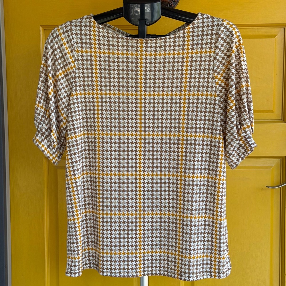 Womens VTG Looking Plaid Puff Sleeve Blouse Brown Yellow Boat Neck